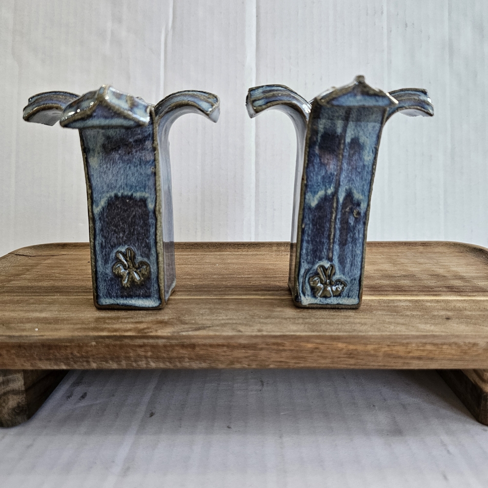 Paul Anthony Candle Holder Pair Blue Brown Glaze Hand Crafted Vintage Signed